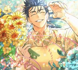 Rule 34 | 1boy, apron, betushio, blue hair, blush, collared shirt, cu chulainn (fate), day, ear piercing, earrings, closed eyes, fate/stay night, fate (series), flower, jewelry, light, long hair, male focus, mature male, piercing, ponytail, ribbon, shirt, smile, solo, spiked hair, stud earrings, sunflower, teeth, upper body