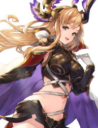 Rule 34 | 1girl, armor, armpit crease, bad id, bad pixiv id, blonde hair, breastplate, breasts, cape, chromatic aberration, cowboy shot, crop top, floating hair, gloves, gold trim, granblue fantasy, green eyes, hand up, headdress, highres, koretsuki azuma, large breasts, long hair, looking at viewer, midriff, miniskirt, navel, open mouth, skirt, sleeveless, smile, solo, stomach, strap, tweyen (granblue fantasy), white gloves
