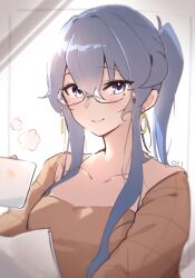 Rule 34 | 1girl, absurdres, bespectacled, blue eyes, blue hair, brown dress, closed mouth, collarbone, cup, dress, earrings, glasses, gotland (kancolle), hair between eyes, highres, jewelry, kantai collection, long hair, long sleeves, ma rukan, signature, smile, solo, upper body