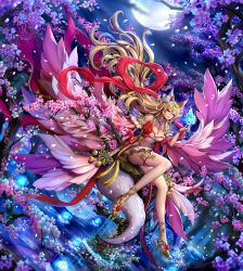 Rule 34 | 1girl, animal ear fluff, animal ears, blonde hair, blue fire, breasts, cherry blossoms, cleavage, commission, fire, fox ears, fox girl, fox tail, full body, full moon, highres, holding flame, in tree, kitsune, long hair, moon, nail polish, night, night sky, original, outdoors, purple eyes, red nails, sammi hisame, sitting, sitting in tree, sky, tagme, tail, thigh strap, tree, very long hair, water