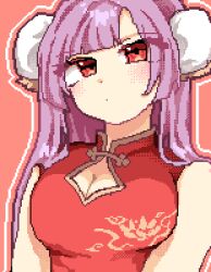 Rule 34 | 1girl, blush, breasts, bun cover, china dress, chinese clothes, cleavage, cleavage cutout, clothing cutout, double bun, dress, expressionless, hair bun, head tilt, koneri kore, long hair, looking at viewer, lowres, medium breasts, original, pixel art, portrait, red background, red dress, red eyes, solo