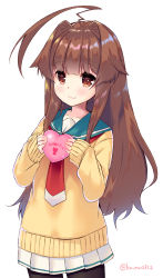 Rule 34 | 1girl, ahoge, black pantyhose, blue sailor collar, blush, brown eyes, brown hair, cardigan, closed mouth, collarbone, commentary request, cowboy shot, fingernails, hair intakes, hands up, heart, highres, holding, holding heart, kantai collection, ko yu, kuma (kancolle), long hair, long sleeves, looking at viewer, open cardigan, open clothes, pantyhose, pleated skirt, red neckwear, sailor collar, school uniform, serafuku, shirt, simple background, skirt, sleeves past wrists, smile, solo, twitter username, very long hair, white background, white shirt, white skirt, yellow cardigan