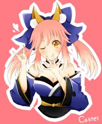 Rule 34 | 10s, 1girl, \m/, animal ears, bare shoulders, bow, breasts, character name, cleavage, detached sleeves, fate/extra, fate/grand order, fate (series), fox ears, hair bow, hair ribbon, japanese clothes, large breasts, long hair, looking at viewer, one eye closed, pink background, pink hair, ribbon, simple background, solo, tamamo (fate), tamamo no mae (fate/extra), twintails, yellow eyes