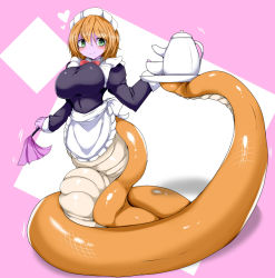 Rule 34 | 1girl, apron, bow, bowtie, breasts, closed mouth, colored skin, cup, duster, female focus, full body, green eyes, hair between eyes, heart, holding, holding duster, lamia, large breasts, long sleeves, looking at viewer, maid, maid apron, maid headdress, monster girl, orange hair, original, pink background, purple skin, red bow, short hair, smile, solo, taku (yakumodaisuki), teacup, teapot, waist apron, white apron