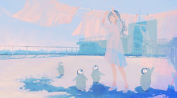 Rule 34 | 1girl, animal, arms up, bird, black eyes, black hair, blunt bangs, building, closed mouth, clothes pin, clothesline, collared dress, commentary request, dress, holding, laundry, long hair, looking at viewer, original, outdoors, penguin, railing, rooftop, short sleeves, sky, skyline, slippers, smile, solo, standing, tabisumika, white dress, white footwear, wide shot