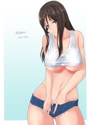Rule 34 | 10s, 1girl, absurdres, bare shoulders, blue background, blue eyes, border, breasts, brown hair, collarbone, commentary, cowboy shot, crop top, dated, girls und panzer, gradient background, hair between eyes, hand under clothes, hands in pants, highres, irukatto, large breasts, long hair, megumi (girls und panzer), micro shorts, navel, short shorts, shorts, smile, solo, twitter username, underboob, white border
