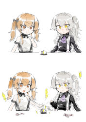 Rule 34 | 2girls, absurdres, aged down, bell, blush, brown eyes, brown hair, call bell, candy, food, girls&#039; frontline, grey hair, highres, lollipop, multiple girls, myon2, official alternate costume, scar, scar across eye, scar on face, siblings, side ponytail, sisters, speech bubble, surprised, translation request, twintails, ump45 (agent lop rabbit) (girls&#039; frontline), ump45 (girls&#039; frontline), ump9 (girls&#039; frontline), ump9 (shiba investigator) (girls&#039; frontline), yellow eyes
