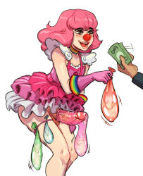 Rule 34 | 2boys, ace attorney, banknote, blush, brown eyes, choker, clown, clown nose, colored condom, condom, condom belt, condom on penis, dress, erection, geiru toneido, genderswap, genderswap (ftm), gloves, highres, holding, holding condom, holding money, large penis, long sleeves, male focus, money, multiple boys, multiple condoms, open mouth, penis, phoenix wright: ace attorney - spirit of justice, pink dress, pink gloves, pink hair, rainbow print, ripushko, simple background, smile, solo focus, suspenders, teeth, thigh strap, trap, uncensored, upper teeth only, used condom, used condom on penis, white background