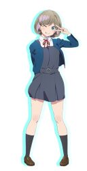 Rule 34 | 1girl, ;p, ankle socks, arm behind back, black socks, blazer, blue eyes, blue jacket, brown footwear, closed mouth, collared shirt, dress, drop shadow, full body, grey dress, grey hair, jacket, loafers, long sleeves, looking at viewer, love live!, love live! superstar!!, multicolored hair, neck ribbon, official art, one eye closed, open clothes, open jacket, pinafore dress, pink hair, red ribbon, ribbon, school uniform, shirt, shoes, short dress, short hair, sleeveless, sleeveless dress, smile, socks, solo, standing, streaked hair, tang keke, tongue, tongue out, transparent background, v, v over eye, white shirt, winter uniform, yuigaoka school uniform