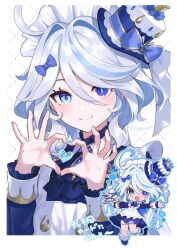 Rule 34 | 1girl, ahoge, ascot, black ascot, blue ascot, blue brooch, blue eyes, blue hair, blue headwear, chibi, drop-shaped pupils, furina (genshin impact), genshin impact, hair between eyes, hat, heart, heart hands, heterochromia, highres, light blue hair, long sleeves, looking at viewer, maid, mismatched pupils, shorts, smile, symbol-shaped pupils, top hat, unapoppo, white hair, white shorts