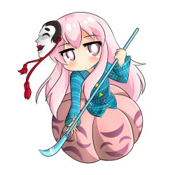 Rule 34 | 1girl, bubble skirt, expressionless, full body, glaive (polearm), hata no kokoro, long hair, looking at viewer, mask, naginata, pink eyes, pink hair, plaid, plaid shirt, polearm, shirt, sidelocks, simple background, skirt, solo, touhou, weapon, white background, wool (miwol)