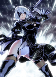 Rule 34 | backless dress, backless outfit, black gloves, black thighhighs, blindfold, breasts, cleavage, dress, gloves, hairband, high heels, highres, katana, leotard, medium breasts, mole, mole under mouth, multicolored clothes, multicolored gloves, nier (series), nier:automata, parted lips, short hair, skindentation, skirt, solo, sword, takanashi ringo, thighhighs, thighs, weapon, white gloves, white hair, 2b (nier:automata)