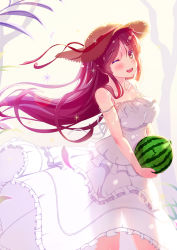 Rule 34 | 1girl, ;d, bare arms, bare shoulders, bare tree, blush, breasts, brown hat, cleavage, collarbone, colored eyelashes, cowboy shot, dress, food, frilled dress, frills, fruit, hat, hat ribbon, highres, holding, holding food, holding fruit, layered dress, lens flare, long hair, looking at viewer, medium breasts, one eye closed, open mouth, original, purple hair, red eyes, red ribbon, ribbon, round teeth, see-through, see-through silhouette, sleeveless, sleeveless dress, smile, solo, sparkle, standing, strap slip, sun hat, sundress, tareme, teeth, tree, very long hair, watermelon, white dress, zongmao