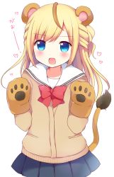 Rule 34 | 1girl, :o, animal ears, animal hands, bad id, bad pixiv id, beige cardigan, black skirt, blue eyes, blush, bow, bowtie, cardigan, commentary request, gao, gloves, half updo, hands up, heart, lion ears, lion girl, lion tail, london, long sleeves, looking at viewer, mikurun, miniskirt, open mouth, original, paw gloves, pleated skirt, red bow, red bowtie, sailor collar, school uniform, simple background, skirt, solo, tail, white background
