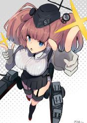 anchor_hair_ornament arm_up atlanta_(kancolle) black_footwear black_headwear black_skirt breasts brown_hair dress_shirt earrings fujiyama_ichiha garrison_cap garter_straps gloves gradient_background grey_eyes hair_ornament hat high-waist_skirt highres jewelry kantai_collection large_breasts long_hair long_sleeves partially_fingerless_gloves ship_turret shirt skirt star_(symbol) star_earrings suspender_skirt suspenders thigh_strap thighs two_side_up white_shirt