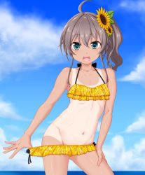 Rule 34 | 1girl, ahoge, bikini, bikini pull, blue eyes, blue sky, brown hair, clothes pull, cloud, cloudy sky, commentary, cowboy shot, day, flat chest, flower, frilled bikini, frills, groin, hair flower, hair ornament, halterneck, highres, hololive, horizon, looking at viewer, medium hair, natsuiro matsuri, natsuiro matsuri (hololive summer 2019), navel, ocean, one-piece tan, open mouth, outdoors, pulled by self, seushiki (ponti-ron), side ponytail, sky, smile, solo, standing, sunflower, sunflower hair ornament, swimsuit, tan, tanline, textless version, virtual youtuber, yellow bikini