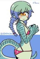 Rule 34 | 1girl, :&gt;, bare arms, bare shoulders, bikini, blue hair, blush, braid, breasts, closed mouth, colored skin, cowboy shot, cyclops, from side, green hair, green skin, lizard tail, long hair, looking at viewer, looking to the side, monster girl, multicolored hair, one-eyed, orange eyes, original, own hands together, pink bikini, pointy ears, scales, shake-o, small breasts, smile, solo, standing, swimsuit, tail, twin braids, twitter username, two-tone background, two-tone hair