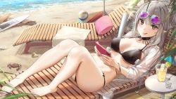 Rule 34 | 1girl, :q, ball, barefoot, beach, beachball, bikini, black bikini, black choker, breasts, brown eyes, cellphone, chair, choker, cleavage, closed mouth, commentary request, day, eyewear on head, feet, halterneck, highres, large breasts, legs, lounge chair, lying, on back, open clothes, open shirt, original, outdoors, phone, pointy ears, revision, see-through, shirt, sidelocks, silver hair, slit, smartphone, smile, solo, string bikini, sunglasses, swimsuit, thighs, toes, tongue, tongue out, wet.elephant, white shirt