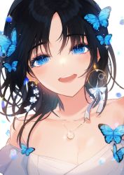 Rule 34 | 1girl, :d, bare shoulders, black hair, blue butterfly, blue eyes, blush, breasts, bug, butterfly, butterfly hair ornament, cleavage, collarbone, earrings, hair ornament, highres, insect, jewelry, long hair, medium breasts, necklace, open mouth, original, panprika, parted bangs, short sleeves, smile, solo