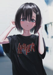 Rule 34 | 1girl, absurdres, bad id, bad twitter id, band shirt, black shirt, blue eyes, blurry, blurry background, blush, bob cut, bright pupils, brown hair, depth of field, gishiki (gshk), hands up, highres, looking at viewer, medium hair, merchandise, original, parted lips, revision, shirt, short sleeves, slayer (band), solo, ss insignia, white pupils