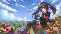 Rule 34 | 1girl, asymmetrical sleeves, black hair, black skirt, black thighhighs, blue eyes, blue hair, blue sky, closed mouth, cloud, commentary, commission, controller, creatures (company), egg, emperpep, english commentary, game controller, game freak, gen 3 pokemon, gun, hair between eyes, hair ornament, heterochromia, highres, holding, holding controller, holding game controller, latias, latios, legendary pokemon, long hair, long sleeves, looking at viewer, mario (series), multicolored hair, nintendo, nintendo switch, nintendo switch (personification), paint stains, personification, poke ball, poke ball (basic), pokemon, pokemon (creature), rainbow, red eyes, red hair, sailor collar, school uniform, serafuku, shield, shovel, sitting, skirt, sky, sleeves past wrists, smile, splatoon (series), sword, the legend of zelda, thighhighs, twintails, uneven sleeves, wallpaper, weapon, wingull