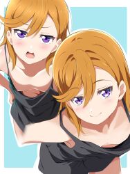 Rule 34 | 1girl, borgbutler, breasts, downblouse, hanging breasts, long hair, looking at viewer, love live!, love live! nijigasaki high school idol club, multiple persona, no bra, open mouth, orange hair, purple eyes, shibuya kanon, small breasts, solo