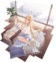 Rule 34 | 1girl, artist request, atelier (series), atelier ryza, atelier ryza 2, atelier ryza 3, azur lane, blonde hair, blue dress, book, braid, breasts, candle, cleavage, coffee mug, cookie, cup, dress, food, french braid, from above, green eyes, highres, indoors, klaudia valentz, klaudia valentz (bedtime memories), large breasts, long hair, looking at viewer, looking up, manjuu (azur lane), mug, official art, open book, plant, potted plant, see-through, see-through sleeves, seiza, sitting, solo, thighs, very long hair, wooden floor