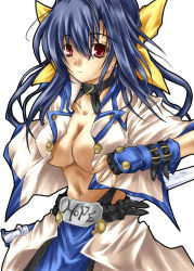 Rule 34 | 1girl, arc system works, blue hair, breasts, collar, cosplay, dizzy (guilty gear), gloves, guilty gear, guilty gear x, guilty gear xx, hair ribbon, hamu (moeyobaka), ky kiske, ky kiske (cosplay), large breasts, midriff, navel, open clothes, open shirt, red eyes, ribbon, shirt, solo, sword, weapon
