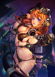 Rule 34 | 1girl, bikini, black bikini, black thighhighs, blurry, blurry background, breasts, building, cleavage, dutch angle, gloves, half gloves, headphones, highres, jak, large breasts, lips, long hair, looking at viewer, mole, mole under eye, night, original, parted lips, personification, purple eyes, red hair, single thighhigh, sky, solo, star (sky), starry sky, swimsuit, thighhighs