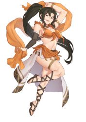 Rule 34 | 1girl, :d, asymmetrical sleeves, belly chain, black hair, bra, breasts, circlet, dancer, detached sleeves, ebinku, fire emblem, fire emblem: genealogy of the holy war, grey eyes, highres, jewelry, laylea (fire emblem), leg up, long hair, looking at viewer, medium breasts, midriff, navel, nintendo, open mouth, ponytail, revealing clothes, sandals, showgirl skirt, simple background, single detached sleeve, smile, solo, underwear, very long hair, white background