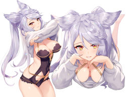 Rule 34 | 1girl, aki663, animal ears, arched back, bare shoulders, blush, bow, braid, breasts, casual, cleavage, closed mouth, commentary request, cowboy shot, erune, fraux, from side, granblue fantasy, large breasts, leotard, lifted by self, lips, long hair, long sleeves, looking at viewer, lying, multiple views, nail polish, on stomach, parted lips, pink nails, shiny skin, silver hair, simple background, smile, thighs, undressing, white background, yellow eyes