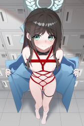 Rule 34 | 1girl, absurdres, airi (band) (blue archive), airi (blue archive), bdsm, black hair, blue archive, blue jacket, blush, bondage, bound, breasts, closed mouth, floor, from above, green eyes, green halo, halo, highres, jacket, locker, long hair, long sleeves, looking at viewer, nipples, official alternate costume, open clothes, open jacket, qianshibu, small breasts, smile, socks, solo, standing, white socks