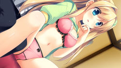 Rule 34 | 1boy, 1girl, ama koi syrups, black bow, blouse, blue eyes, blush, bow, bow bra, bow panties, bra, breasts, cleavage, clothes lift, dutch angle, eyebrows, frilled bra, frills, game cg, green shirt, hair intakes, hair ornament, hair scrunchie, hand on own face, highres, indoors, lawes anastesia, long hair, medium breasts, midriff, nail polish, navel, pan (mimi), panties, parted lips, pillow, pink bra, pink nails, pink panties, polka dot, polka dot shirt, scrunchie, shirt, shirt lift, side ponytail, sidelocks, sitting, solo focus, stomach, tareme, underwear, very long hair
