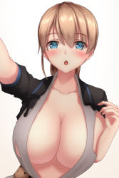 Rule 34 | 1girl, blue eyes, blush, breasts, brown hair, cleavage, collarbone, eyes visible through hair, gradient background, hair between eyes, huge breasts, intrepid (kancolle), kantai collection, looking at viewer, open mouth, ponytail, reaching, reaching towards viewer, shirt, short hair, short sleeves, simple background, solo, tapisuke, torn clothes