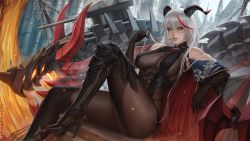 Rule 34 | 1girl, aegir (azur lane), armored boots, artist name, ass, asymmetrical footwear, azur lane, black cape, bodystocking, boots, breast curtains, breasts, cape, cross, cross-laced clothes, cross earrings, demon horns, earrings, hair between eyes, hair on horn, high heels, horns, impossible clothes, iron cross, jewelry, knee boots, large breasts, lips, looking at viewer, multicolored hair, non-humanoid robot, nose, red hair, robot dragon, sciamano240, silver hair, single knee boot, skin tight, streaked hair, two-tone hair, underbust, uneven footwear, yellow eyes