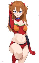 Rule 34 | 1girl, absurdres, adapted costume, ass, bikini, blue eyes, boots, breasts, brown hair, gloves, hair between eyes, hand in own hair, highres, long hair, looking at viewer, medium breasts, navel, neon genesis evangelion, plugsuit, race queen, rebuild of evangelion, red bikini, red gloves, revealing clothes, shiny clothes, simple background, solo, souryuu asuka langley, standing, standing on one leg, swimsuit, t-lex, two side up, very long hair