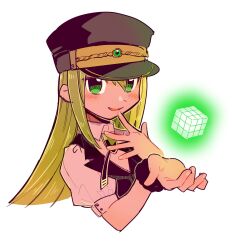 Rule 34 | 1girl, alina gray, black hat, black necktie, black vest, blonde hair, blush, brooch, collar, cross tie, cube, detached collar, fur cuffs, gem, green eyes, green gemstone, green hair, hair between eyes, hand to own mouth, hat, highres, jewelry, long hair, looking at viewer, magia record: mahou shoujo madoka magica gaiden, magical girl, mahou shoujo madoka magica, mochiaisu (otitaaisu), multicolored hair, necktie, open mouth, peaked cap, puffy short sleeves, puffy sleeves, see-through, see-through sleeves, short sleeves, sidelocks, simple background, sleeve cuffs, smile, solo, straight hair, streaked hair, upper body, v-neck, vest, white background, white collar, white sleeves
