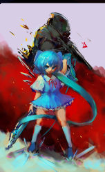 Rule 34 | 1boy, 1girl, absurdres, ahi and ohi, armor, blue dress, blue eyes, blue hair, cirno, dress, frown, guitar, gun, helmet, highres, holding, holding gun, holding instrument, holding weapon, instrument, looking to the side, original, red ribbon, ribbon, sketch, touhou, weapon