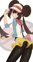 Rule 34 | 1girl, arched back, ass, black pantyhose, bow, breasts, bright pupils, brown hair, closed mouth, commentary request, creatures (company), double bun, doughnut hair bun, game freak, green eyes, hair bun, hand up, hat, highres, holding, holding poke ball, index finger raised, long hair, looking at viewer, looking back, nintendo, nuneno, pantyhose, pantyhose under shorts, pink bow, poke ball, poke ball (basic), pokemon, pokemon bw2, raglan sleeves, rosa (pokemon), shirt, short shorts, shorts, smile, solo, twintails, very long hair, visor cap, white hat, white pupils, yellow shorts