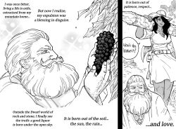 Rule 34 | 1boy, 1girl, absurdres, axe, bb (baalbuddy), beard, belt, carrying, chest hair, comic, commission, dark-skinned female, dark skin, day, dress, dwarf, english text, facial hair, female orc, food, fruit, grapes, hair over one eye, hair slicked back, hat, hetero, highres, long hair, long sleeves, looking at another, mature female, mature male, medium dress, medium hair, monochrome, orc, original, outdoors, pointy ears, smile, straw hat, tall female, walking