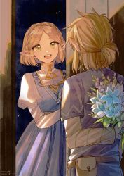 Rule 34 | 1boy, 1girl, holding behind back, belt, belt pouch, blonde hair, blue dress, blue flower, blue shirt, bouquet, brown belt, commentary request, dated, door, dress, ear piercing, flower, forehead, from behind, green eyes, highres, holding, holding bouquet, holding flower, juliet sleeves, link, long sleeves, looking at another, mouyi, nintendo, open mouth, piercing, pointy ears, ponytail, pouch, princess zelda, puffy sleeves, shirt, short hair, short ponytail, signature, silent princess, smile, teeth, the legend of zelda, the legend of zelda: breath of the wild, the legend of zelda: tears of the kingdom, triforce print, two-tone dress, upper teeth only, white dress