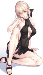 Rule 34 | 1girl, 3:, arm support, artoria pendragon (all), artoria pendragon (alter swimsuit rider) (fate), artoria pendragon (alter swimsuit rider) (first ascension) (fate), artoria pendragon (fate), bare legs, bare shoulders, black dress, black one-piece swimsuit, black panties, black ribbon, bow, braid, breasts, bridal garter, casual one-piece swimsuit, cleavage cutout, clothing cutout, collarbone, commentary request, covered navel, dress, expressionless, fate/grand order, fate/stay night, fate (series), full body, hair bow, hair ribbon, halterneck, head tilt, knee up, legs, light brown hair, looking at viewer, medium breasts, mouth hold, nanao (mahaya), one-piece swimsuit, orange eyes, panties, popsicle stick, ribbon, saber alter, sandals, shadow, short hair, side braid, simple background, sitting, solo, swimsuit, thighs, underwear, upskirt, white background, yellow eyes