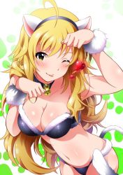 Rule 34 | 1girl, ;p, ahoge, animal ears, bad id, bad twitter id, bell, bikini, blonde hair, blush, breasts, cat ears, cat tail, cleavage, collar, collarbone, fake animal ears, fake tail, fur-trimmed bikini, fur trim, garana, green eyes, hairband, heart, hoshii miki, idolmaster, idolmaster (classic), jingle bell, large breasts, long hair, looking at viewer, navel, neck bell, one eye closed, paw pose, paw print, scrunchie, solo, swimsuit, tail, tongue, tongue out, two-tone background, wrist scrunchie