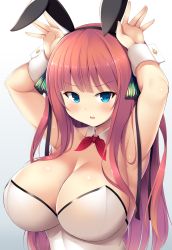 Rule 34 | 1girl, animal ears, armpits, arms up, bare shoulders, blue eyes, breasts, cleavage, commentary request, detached collar, fake animal ears, go-toubun no hanayome, gradient background, grey background, hair ribbon, large breasts, long hair, looking at viewer, nakano nino, open mouth, rabbit ears, red hair, ribbon, solo, tatuyayosi, upper body