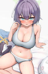 Rule 34 | 1girl, bed, blue archive, blue eyes, blush, breasts, cleavage, unworn clothes, halo, large breasts, long sleeves, looking at viewer, medium hair, navel, neckerchief, on bed, open mouth, panties, purple hair, sailor collar, saki (blue archive), school uniform, serafuku, short hair, sitting, solo, sports bra, sweat, thighs, underwear, underwear only, ushimittsu, yellow neckerchief