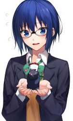 Rule 34 | 1boy, 1girl, back, black-framed eyewear, black hair, blue eyes, blue hair, blue jacket, blush, bouquet, bow, bowtie, ciel (tsukihime), collared shirt, fingernails, flower, flying sweatdrops, glasses, green bow, green neckwear, hair between eyes, heart, herigaru (fvgyvr000), highres, holding, holding bouquet, in palm, jacket, long sleeves, looking at another, looking down, mini person, miniboy, open clothes, open jacket, open mouth, red flower, red rose, rose, school uniform, shirt, short hair, sidelocks, simple background, size difference, smile, teeth, tohno shiki, tsukihime, tsukihime (remake), upper body, upper teeth only, vest, white background, white shirt, yellow vest