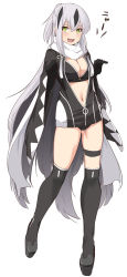 Rule 34 | 1girl, :d, black footwear, black gloves, black hair, black jacket, black panties, black thighhighs, blush, breasts, cleavage, commentary request, fate/grand order, fate (series), gloves, grey hair, hair between eyes, jacket, large breasts, long legs, looking at viewer, multicolored hair, nagao kagetora (fate), navel, okita j. souji (second ascension) (fate), open mouth, panties, ponytail, scarf, shiseki hirame, shoes, simple background, smile, solo, thighhighs, two-tone hair, underwear, white background, white scarf, wide sleeves, yellow eyes