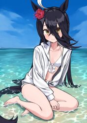 Rule 34 | 1girl, ahoge, animal ears, barefoot, bikini, black hair, blue sky, blush, breasts, closed mouth, commentary request, ear ornament, feet, flower, front-tie bikini top, front-tie top, hair between eyes, hair flower, hair ornament, hibiscus, highres, hood, hood down, hoodie, horse ears, horse girl, horse tail, kuronosu (yamada1230), long hair, long sleeves, looking at viewer, manhattan cafe (the bubbles that i see with you) (umamusume), manhattan cafe (tobasuze hot summer!) (umamusume), manhattan cafe (umamusume), multicolored hair, ocean, official alternate costume, open clothes, open hoodie, outdoors, partially submerged, sitting, sky, small breasts, smile, solo, streaked hair, swimsuit, tail, umamusume, very long hair, water, white bikini, white hair, white hoodie, yellow eyes, yokozuwari