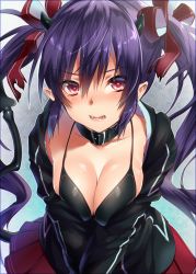 Rule 34 | 1girl, :d, bikini, black bikini, black shirt, breasts squeezed together, breasts, buckle, cleavage, collar, collarbone, cowboy shot, demon girl, demon horns, demon tail, fangs, hair ribbon, horns, keita (tundereyuina), large breasts, leaning forward, lips, long hair, open clothes, open mouth, open shirt, original, pleated skirt, purple eyes, purple hair, red ribbon, red skirt, ribbon, shirt, skirt, smile, solo, swimsuit, tail, twintails, v arms, very long hair, wavy hair