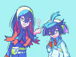 Rule 34 | 1boy, 1girl, artist name, black hair, blue background, blue jacket, brother and sister, carmine (pokemon), colored inner hair, commentary, creatures (company), crossed bangs, fanny pack, finger heart, game freak, gloves, hair between eyes, hairband, heart, jacket, kieran (pokemon), long sleeves, looking at viewer, mole, mole on neck, multicolored hair, nintendo, open mouth, partially fingerless gloves, pokemon, pokemon sv, purple hair, red gloves, red hair, shiro (46isou), siblings, single glove, smile, symbol-only commentary, upper body, white jacket, yellow eyes, yellow hairband
